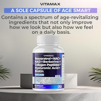Resveratrol NAD+ Berberine Hyaluronic Acid - Biotin Grape & Blueberry + NAC - Collagen Peptides - Hair, Nail, Skin & Joint Supplement - 21-in-1 Women and Men - Made in USA - 120 Count