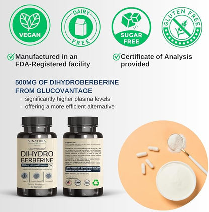 Dihydroberberine Supplement 500mg with Ceylon Cinnamon - (Patented GlucoVantage Super Berberine), Maybe Berberine 5X More absorbable - 30 Capsules