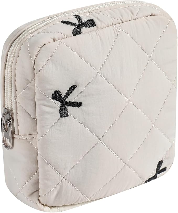 Small Quilted Cotton Makeup Bag for Purse, Cosmetic Bag with Compartments, Cotton Aesthetic Makeup Bag, Travel Toiletry Pouch, Key Pocket Lipstick Bag Card Holder Data Cable Organizer（06Beige Bow）