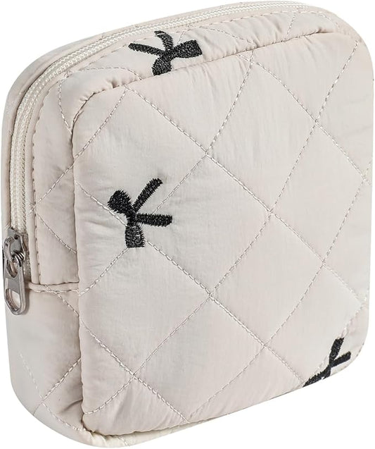 Small Quilted Cotton Makeup Bag for Purse, Cosmetic Bag with Compartments, Cotton Aesthetic Makeup Bag, Travel Toiletry Pouch, Key Pocket Lipstick Bag Card Holder Data Cable Organizer（06Beige Bow）