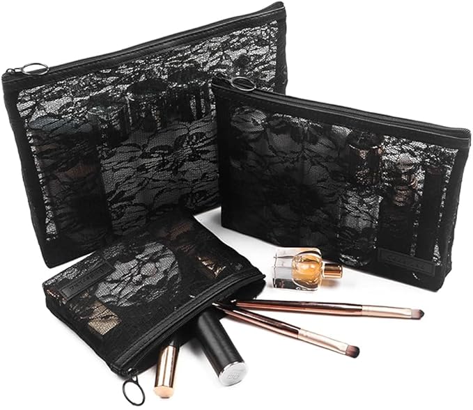 fashion portable cosmetic bag,Visible large capacity Nylon storage bag, for Business Travel bath, Unisex (black 3pcs set) (purpose made lace zippered cosmetic bag)