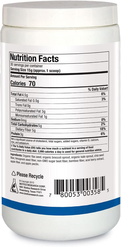 Biotics Research BioFiber Complete - 10 Whole Food Fibers (Organic & Non-GMO), 5g of Fiber Per Serving, Easy-to-Mix Powder, Prebiotic Gut Support 15.9 Oz