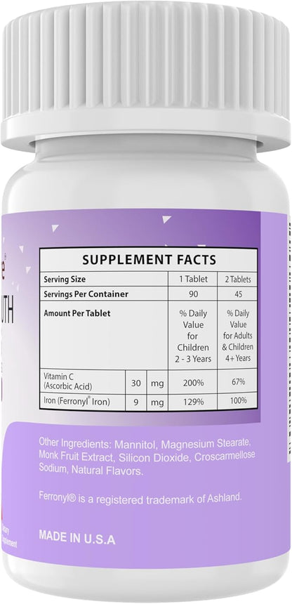 Chewable Iron Supplements for Kids (Ferronyl®/Carbonyl Iron 9 mg with Vitamin C 30 mg) Tablet in Delicious Grape Flavor | Kids Iron Supplement 90 Count (2 Bottles)