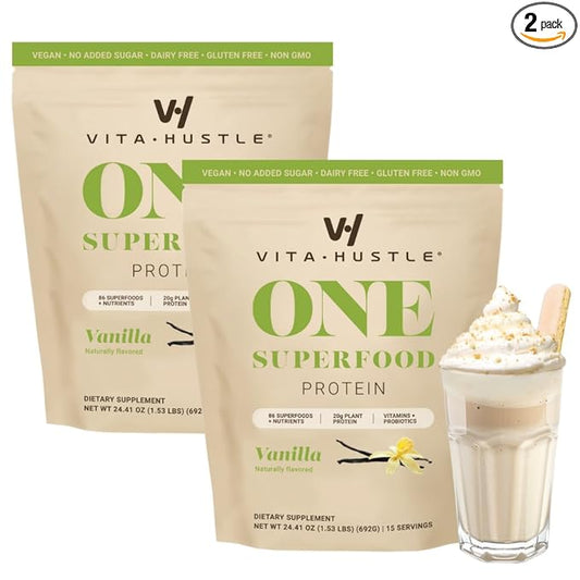 VitaHustle ONE - Superfood Meal Replacement Powder, Plant Based Protein Shake Powder, Vegan. 86 Superfoods, Vitamins, & Minerals, Ashwagandha, Adaptogens. Founded by Kevin Hart. (Vanilla 2-Pack)
