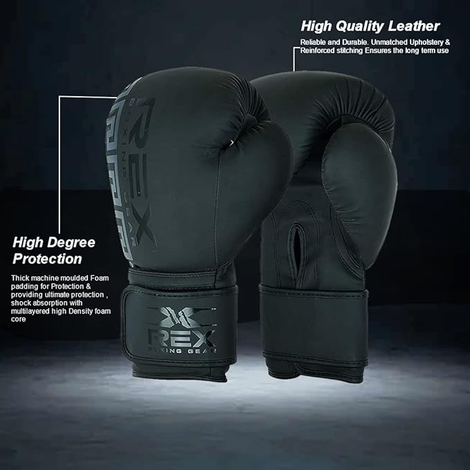 REX Boxing Gloves Training Boxing Punching Gloves for Kids & Adult PU Leather | Matte Black Glove for Sparring Kickboxing, Fighting