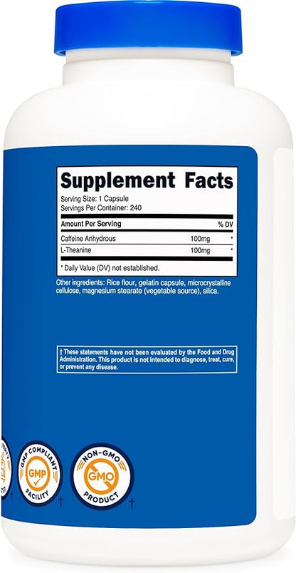 Nutricost Caffeine with L-Theanine, 100mg of Each, 240 Capsules, 240 Servings - Non-GMO and Gluten Free