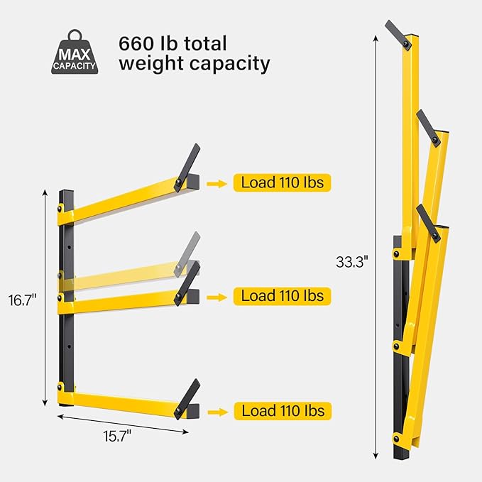 GREENER Lumber Storage Rack Folding Wood Storage Racks Wall-Mounted Metal Racks for Storage with 3-Level Heavy Duty Garage Wood Organizer for Woodworking Shop Indoor & Outdoor Use, 4 pairs,Yellow