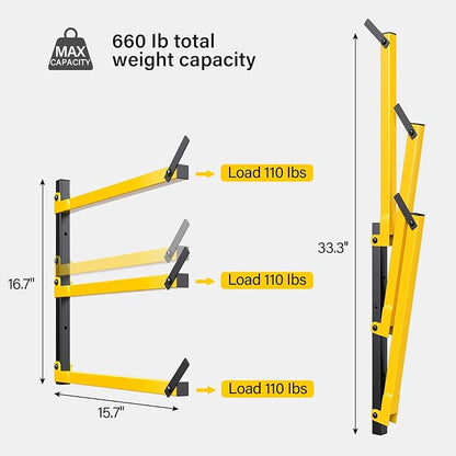 GREENER Lumber Storage Rack Folding Wood Storage Racks Wall-Mounted Metal Racks for Storage with 3-Level Heavy Duty Garage Wood Organizer for Woodworking Shop Indoor & Outdoor Use, 4 pairs,Yellow