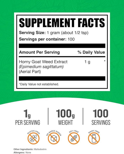 BulkSupplements.com Horny Goat Weed Extract - Epimedium Extract, Horny Goat Weed Herbal Supplements, Horny Goat Weed Powder- Gluten Free, 1000mg per Serving, 100g (3.5 oz) (Pack of 1)