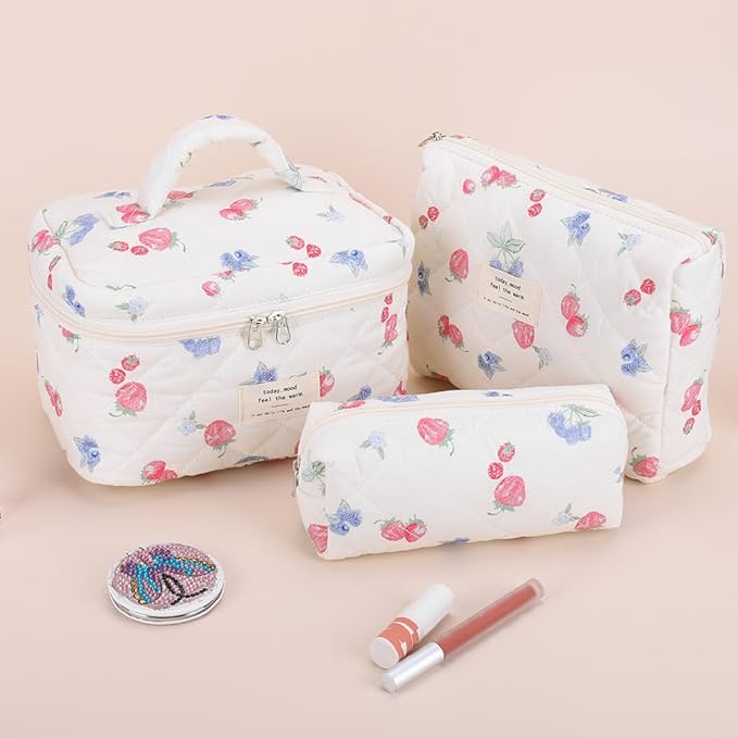 Quilted Makeup Bag Set 3 Pcs Cotton Cute Makeup Bags For Women Large Aesthetic Floral Cosmetic Bag Coquette Flower Makeup Pouch