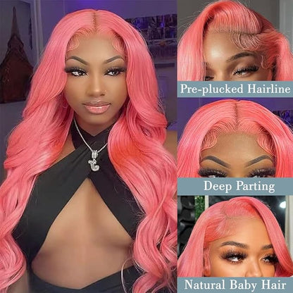 20 Inch Pink Lace Front Wig Human Hair 13x4 HD Lace Pink Body Wave Wig Human Hair Pre Plucked Colored Body Wave Wig Human Hair For Women 150% Density Strawberry Body Wave Lace Front Wig