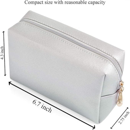 PU Leather Cosmetic Bag for Women Minimalism Makeup Bag for Daily Use Portable Storage Purse Small Neat Cosmetic Pouch Water-resistant Toiletry Bag for Travel (Silver)