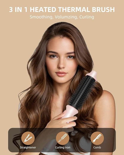 Thermal Brush, 1.26 Inch Heated Round Brush Hair Curling Iron with 10 Temp Settings, 30s Fast Heat for Curling & Volumizing, Anti-Frizz Hair Styler for Long Hair, Pink