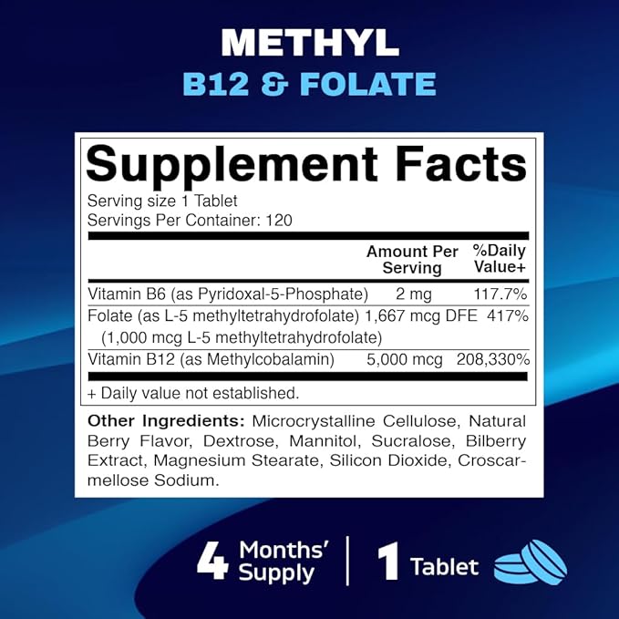 Vitamatic Methyl Folate & B12 Supplement with Pyridoxal 5 Phosphate (P-5-P) - Promotes Cardiovascular Health & Energy Metabolism - 120 Fast Dissolve Tablets - Non GMO & Gluten Free