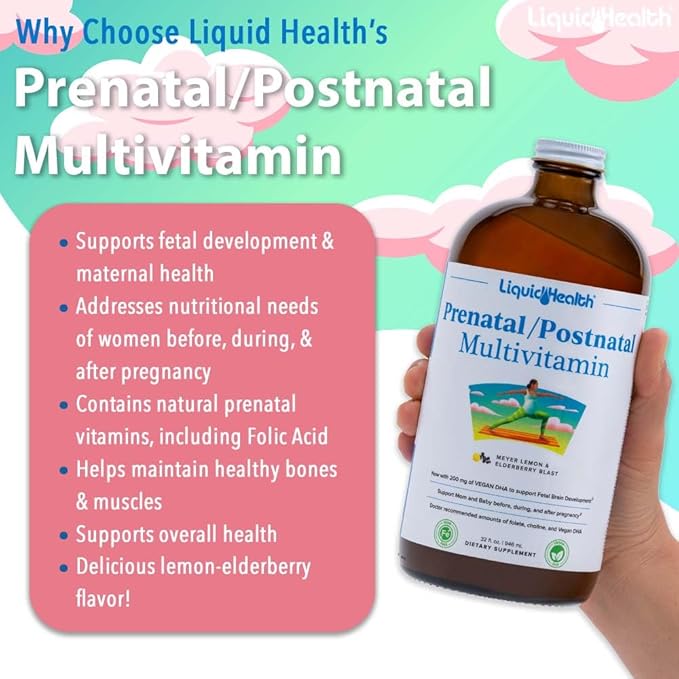 LIQUIDHEALTH Prenatal/Postnatal Multiple Liquid Women's Multivitamin with Real Folate - Pre & Postnatal Vitamins for Before, During, After Pregnancy - Vegan, Sugar-Free, Non GMO, Great Taste (3 Pack)