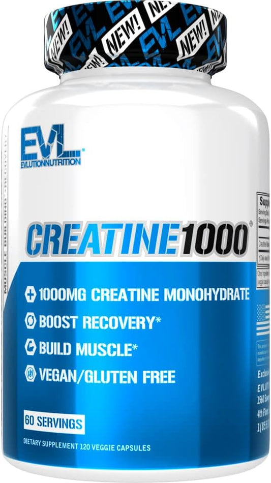 Evlution Pure Creatine Monohydrate Capsules 1000mg Nutrition Pre and Post Workout Recovery Vegan Creatine Pills for Muscle Gains and Muscle Recovery Supplement - Creatine Muscle Builder for Men