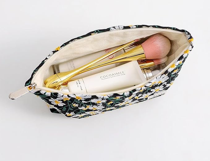 Cosmetic Bags for Women Makeup Bag Large Capacity Purse Travel Toiletry Zipper Storage Pouch Make up Brushes Organizer for Gifts (Daisy, White)