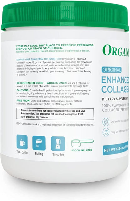 Organika Enhanced Collagen Peptides Protein Powder for Healthy Hair, Skin, Nails, Joints - Hydrolyzed for Better Absorption - Grass-Fed, Non-GMO, Type I and III - Unflavored 17.64 oz