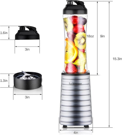 La Reveuse Smoothies Blender Single Serving 300 Watts with 18 oz BPA-Free Portable Travel Sports Bottle (Silver)