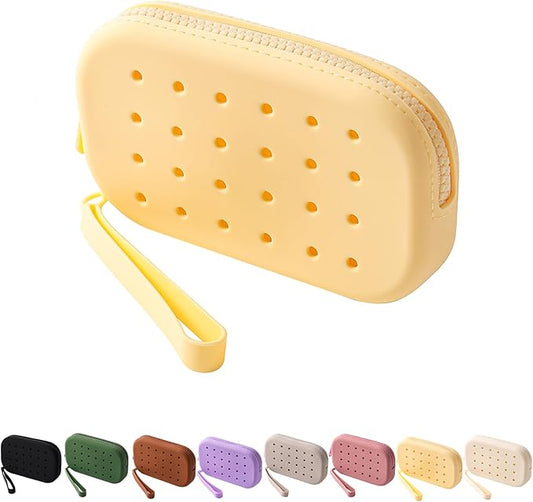 Portable Silicone Makeup Bag for Women, Small Travel Toiletry Cosmetic Bag with Decorative Holes, Zipper Closure Organizer Makeup Case with Handle (Yellow)