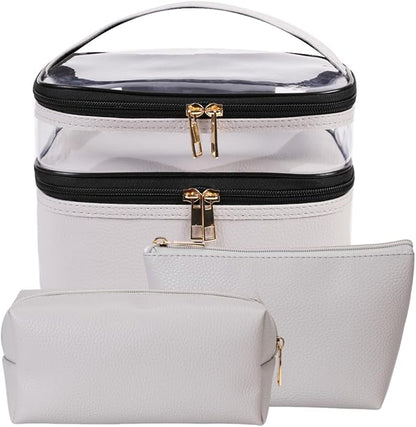 FITINI 3 Pieces Makeup Bags Double Layer Travel Large Cosmetic Cases Organizer Toiletry Bags Waterproof Small Zipper Pouch for Women Makeup Brush Storage Bag,Gray