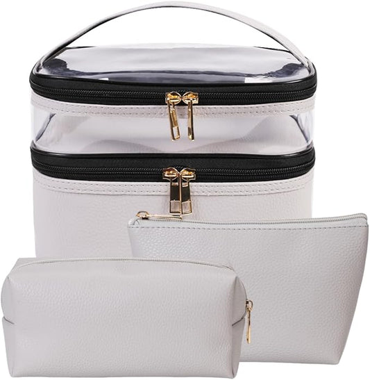 FITINI 3 Pieces Makeup Bags Double Layer Travel Large Cosmetic Cases Organizer Toiletry Bags Waterproof Small Zipper Pouch for Women Makeup Brush Storage Bag,Gray
