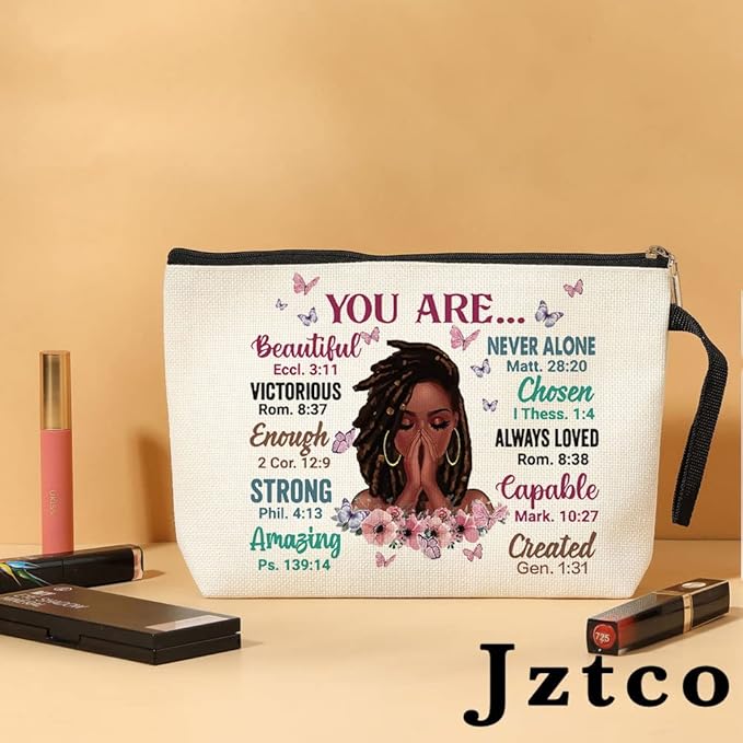 Jztco Inspirational Makeup Bag Christian Gifts You Are Beautiful Strong Amazing Created Travel Makeup Zipper Bag Girl for Women Friends Sisters Mom Aunt Faith Cosmetic Bag
