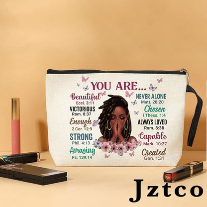 Jztco Inspirational Makeup Bag Christian Gifts You Are Beautiful Strong Amazing Created Travel Makeup Zipper Bag Girl for Women Friends Sisters Mom Aunt Faith Cosmetic Bag