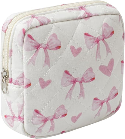 Small Quilted Cotton Makeup Bag for Purse, Cosmetic Bag with Compartments, Cotton Aesthetic Makeup Bag, Travel Toiletry Pouch, Lipstick Bag Card Holder Data Cable Organizer (12Heart Bow)