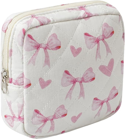 Small Quilted Cotton Makeup Bag for Purse, Cosmetic Bag with Compartments, Cotton Aesthetic Makeup Bag, Travel Toiletry Pouch, Lipstick Bag Card Holder Data Cable Organizer (12Heart Bow)