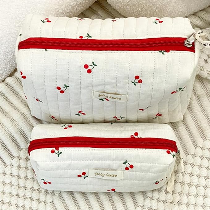 Quilted Makeup Bag Set 3 Pcs Cotton Cute Makeup Bags For Women Large Aesthetic Floral Cosmetic Bag Coquette Flower Makeup Pouch