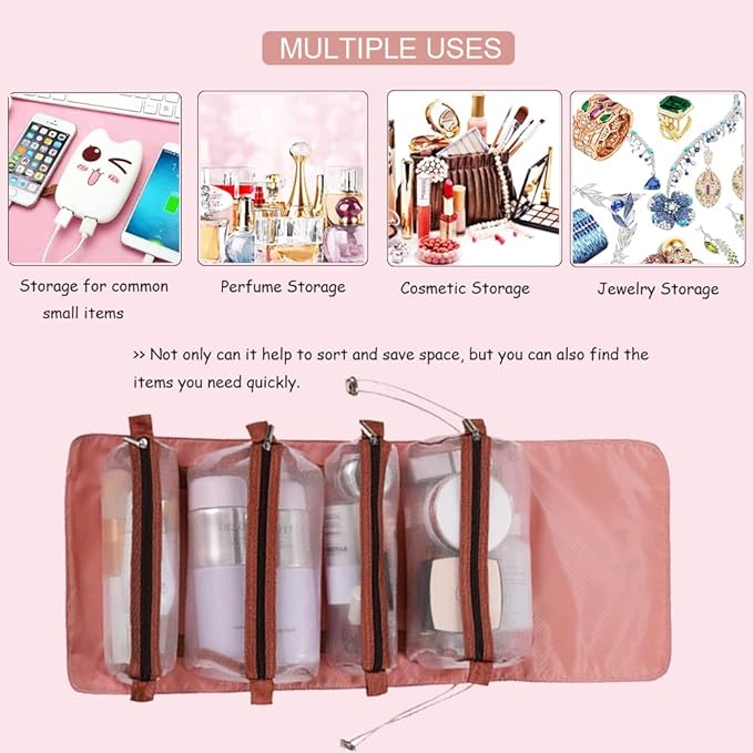 Roll Up Makeup Bag, Hanging Toiletry Bag, 4 in 1 Detachable Cosmetic Bag, 4 Removable Storage Bags, Travel Makeup Organizer Bags for Women Men(Pink)