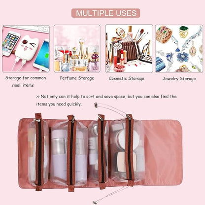 Roll Up Makeup Bag, Hanging Toiletry Bag, 4 in 1 Detachable Cosmetic Bag, 4 Removable Storage Bags, Travel Makeup Organizer Bags for Women Men(Pink)