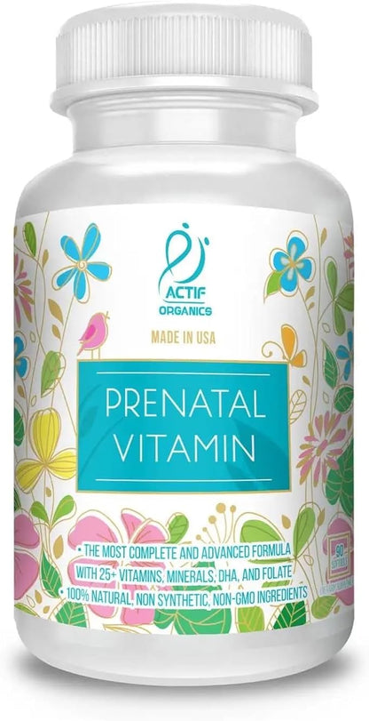 ACTIF Organic Prenatal Vitamin with 30+ Organic Vitamins, 100% Natural, DHA, EPA, Omega 3, and Organic Herbal Blend - Non-GMO, 90 Count