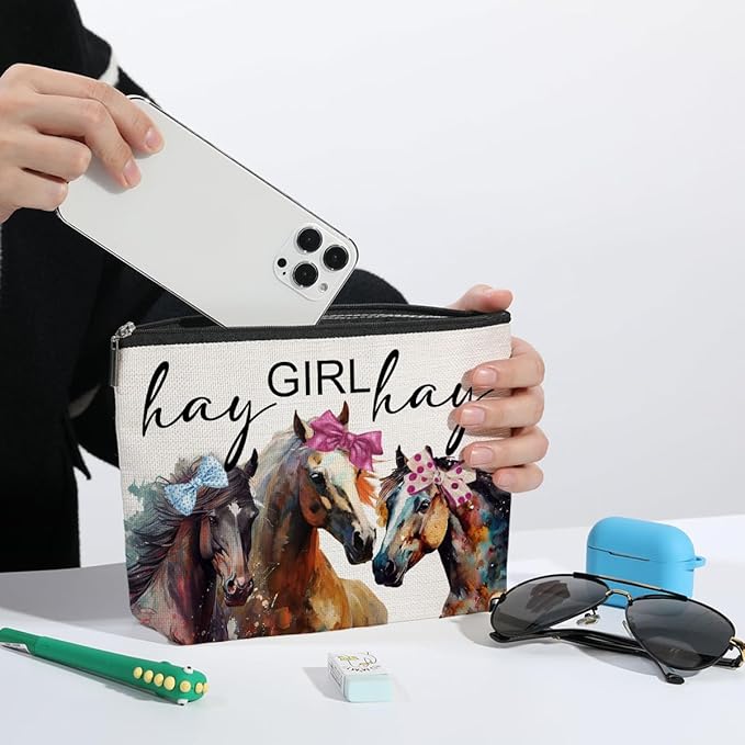 Vintage Funny Horse Stuff Farm Animals Western Makeup Bag Graduation Mothers Day Birthday Horse Gifts for Girls Women Horse Lovers Equestrian Friends Daughter Sister Niece Cosmetic Bag Hay girls Hay