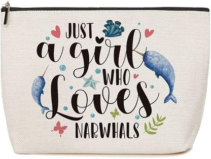 Narwhal Gifts Just A Girl Who Loves Narwhals Makeup Bag Narwhal Lover Gift Ocean Animal Gift Birthday Friendship Graduation Gifts for Women Her Sister Friends Whale Lovers