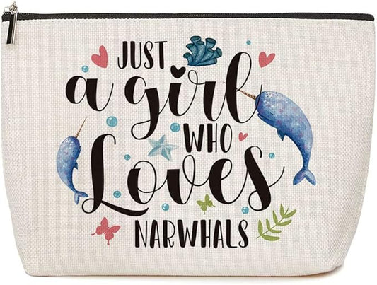 Narwhal Gifts Just A Girl Who Loves Narwhals Makeup Bag Narwhal Lover Gift Ocean Animal Gift Birthday Friendship Graduation Gifts for Women Her Sister Friends Whale Lovers