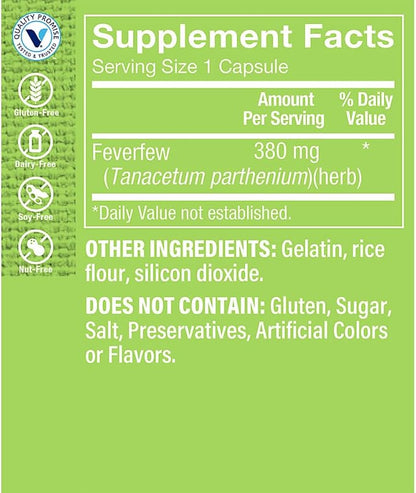 The Vitamin Shoppe Feverfew 380MG, A Traditional Herb, Once Daily (100 Capsules)