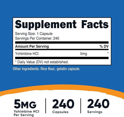Nutricost Yohimbine HCl 5mg, 240 Capsules Extra Strength - Gluten Free, Non-GMO