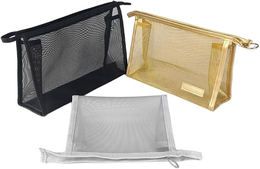fashion portable cosmetic bag,Visible large capacity Nylon storage bag, for Business Travel bath, Unisex (mixed colors 3pcs set) (mixed colors whole mesh triangle zippered cosmetic bag)