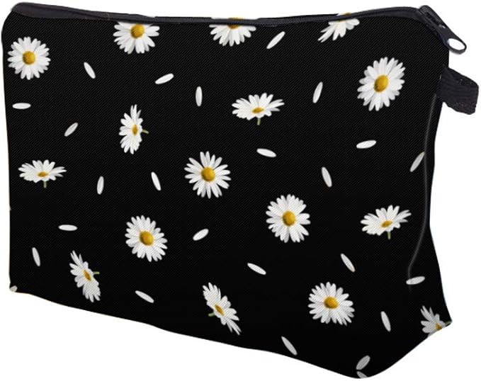 Cute Travel Makeup Bag Cosmetic Bag Small Pouch Gift for Women (Daisy Black)