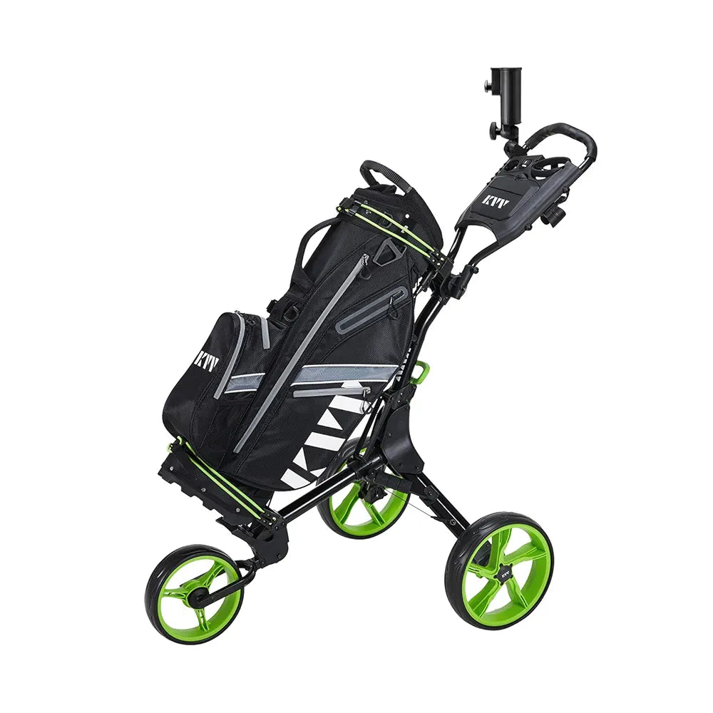 KVV 3 Wheel Golf Push Cart Ultra Lightweight Smallest Folding Size, New-Version Scorecard Holder
