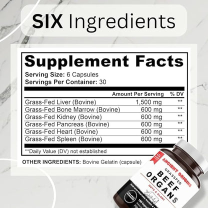 Ancient Origins Grass Fed Beef Organs Supplement 4500mg - Desiccated Liver, Bone Marrow, Heart, Spleen, Pancreas & Kidney, Non-GMO, Gluten Free, Undefatted (180 Capsules, 750mg Each)