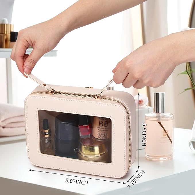 Clear Makeup Bag Transparent Travel Case for Cosmetics and Toiletries Women's Brush Bag and Clear Car Bag with Zipper (Beige, M+)