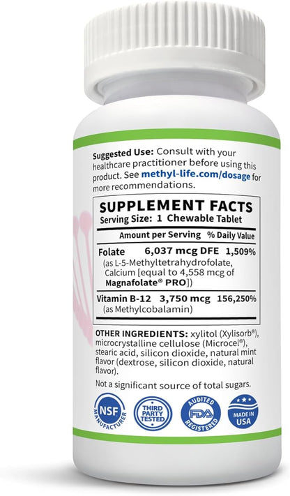 B-Methylated II, Pure Pharmaceutical Grade Professional Strength Active Folate and B12 (as Methylcobalamin, 3.75 mg) - 3 Months Supply. Chewables