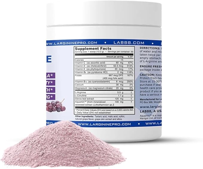 L-ARGININE PRO | 5,500mg L-Arginine Plus L-Citrulline 1,100mg Powder Supplement for Increased Nitric Oxide Production | Endurance, Heart Health & Blood Flow (3, Grape)