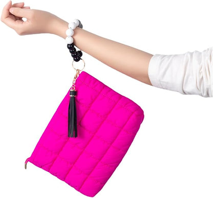 Puffy Makeup Bag Quilted Pouch Puffer Make Up Bag for Purse Cosmetic Bag for Women (Hot Pink)