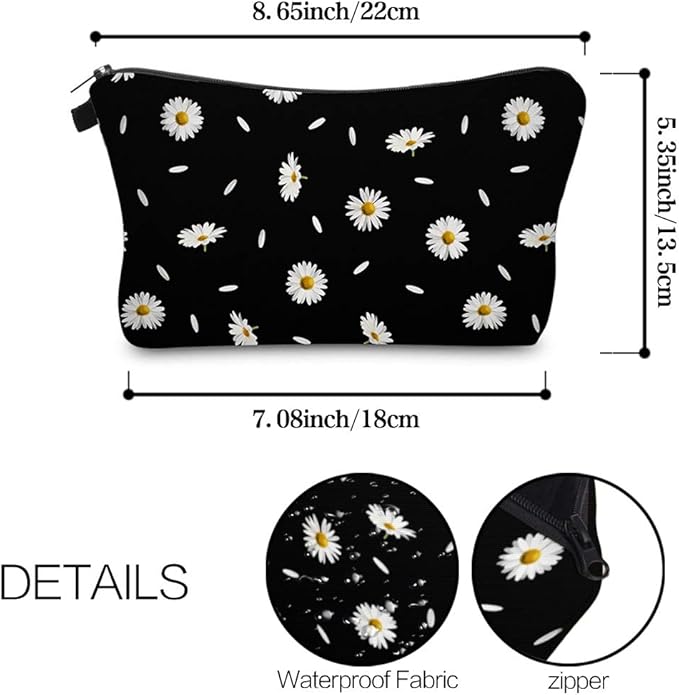 Cute Travel Makeup Bag Cosmetic Bag Small Pouch Gift for Women (Daisy Black)