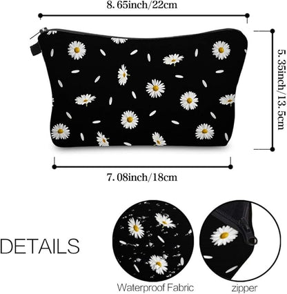 Cute Travel Makeup Bag Cosmetic Bag Small Pouch Gift for Women (Daisy Black)