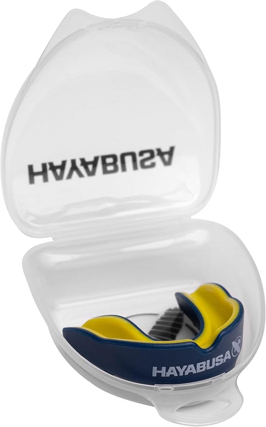 Hayabusa Combat Sports Mouth Guard Youth, Kids and Adult Sizes Comes with Case - Blue/Yellow, Youth